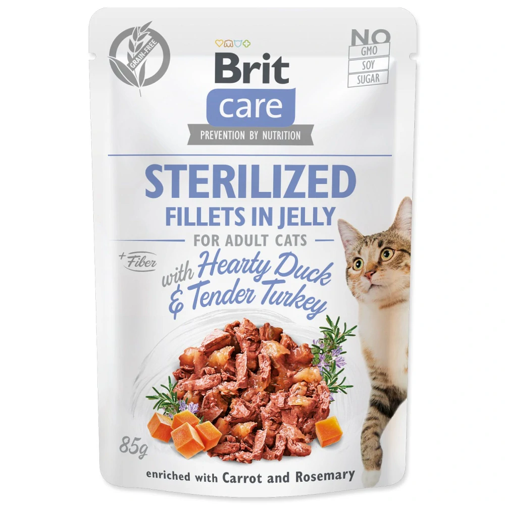 Kapsička Brit Care Cat Sterilized kachna a krůta, filety v želé 85 g